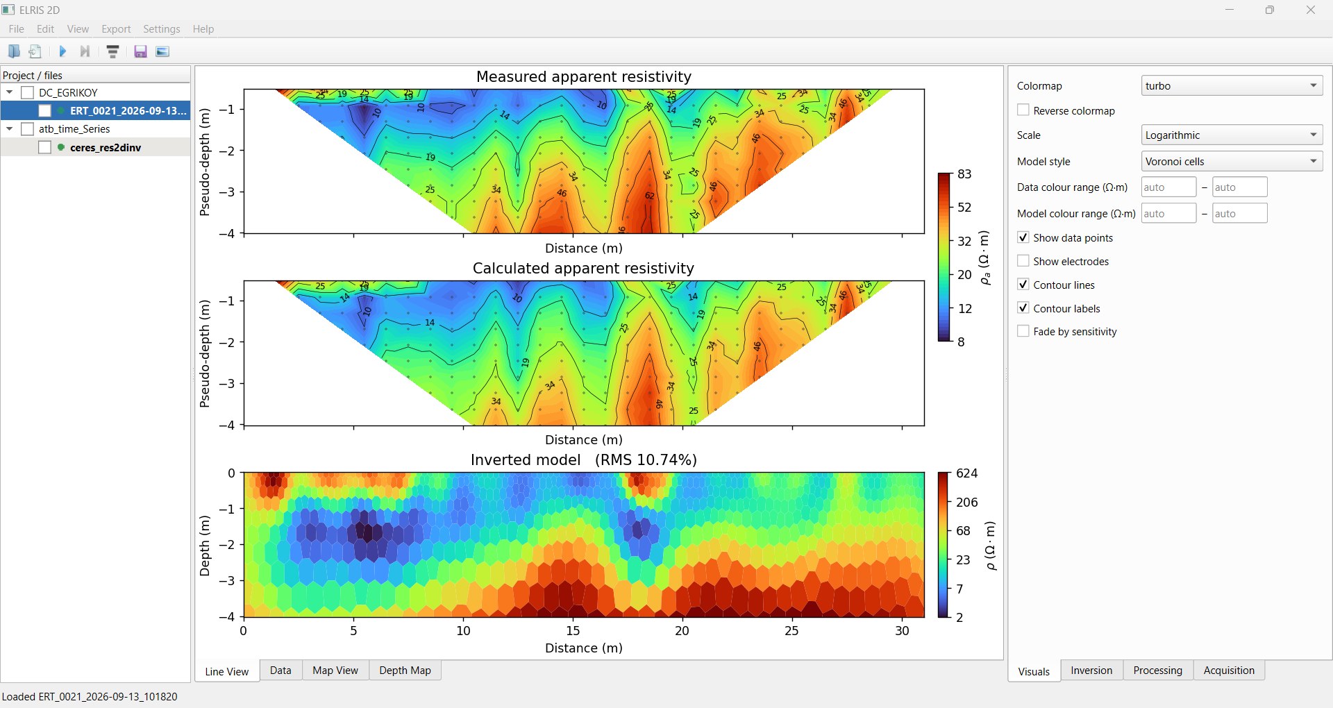 ELRIS 2D yazılımında ölçülen ve hesaplanan görünür özdirenç sözde kesitleri ile Voronoi hücreli ters çözüm modeli